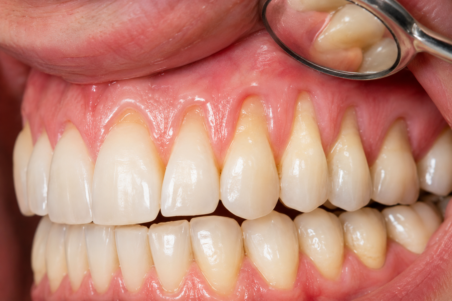 Close-up of exposed tooth roots and gum recession during a dental examination with mirror