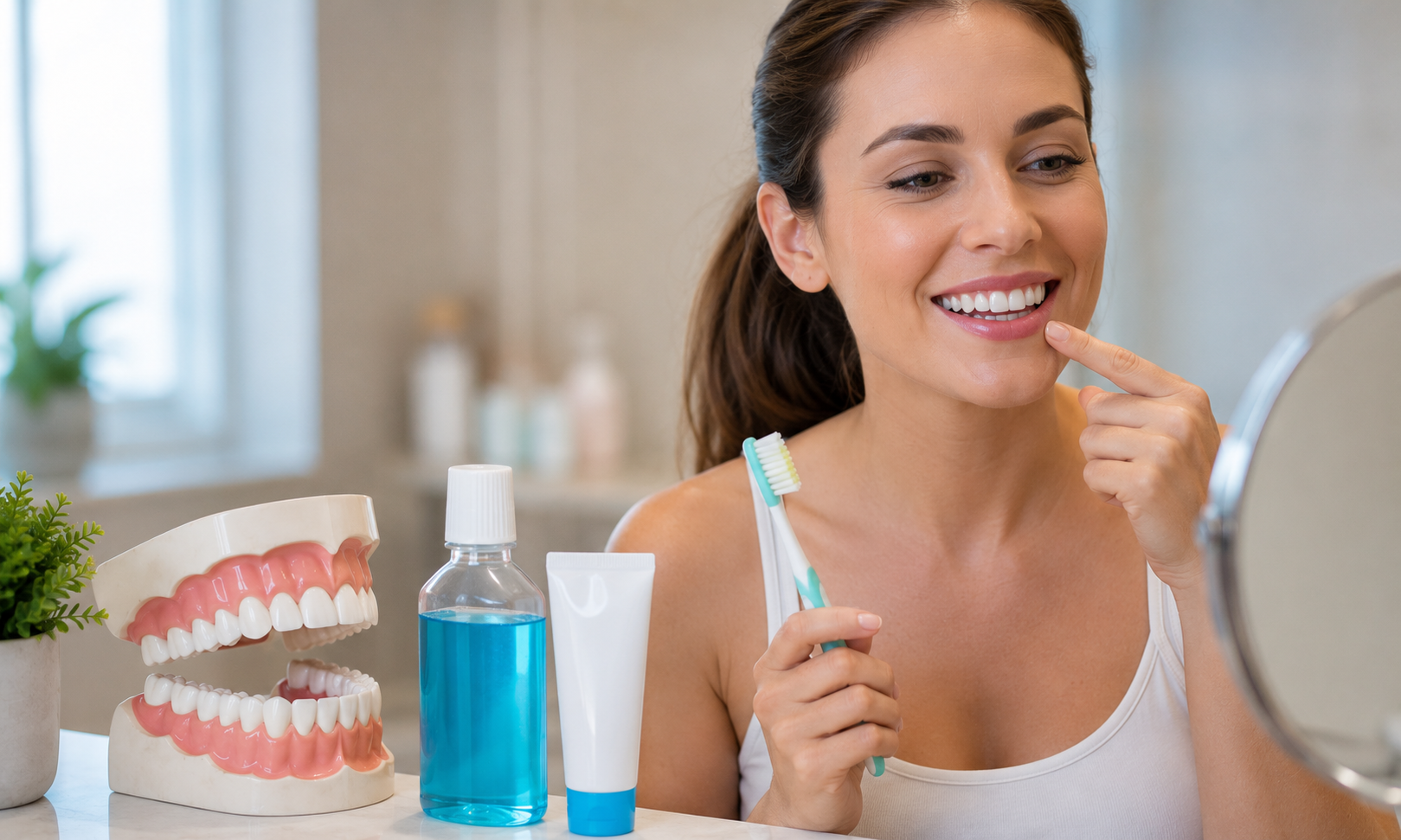 Woman demonstrating oral hygiene care and gingivitis prevention with toothbrush and mouthwash